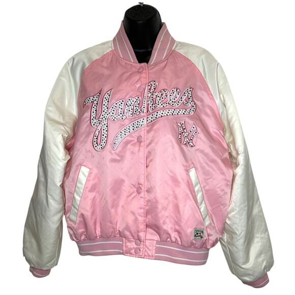 NY Yankees Cooperstown Collection GIII Carl Banks pink satin bomber jacket Large - Picture 1 of 13